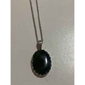 Vintage Sterling Silver 925 BLI 18" Chain Green Pendant  Necklace #475